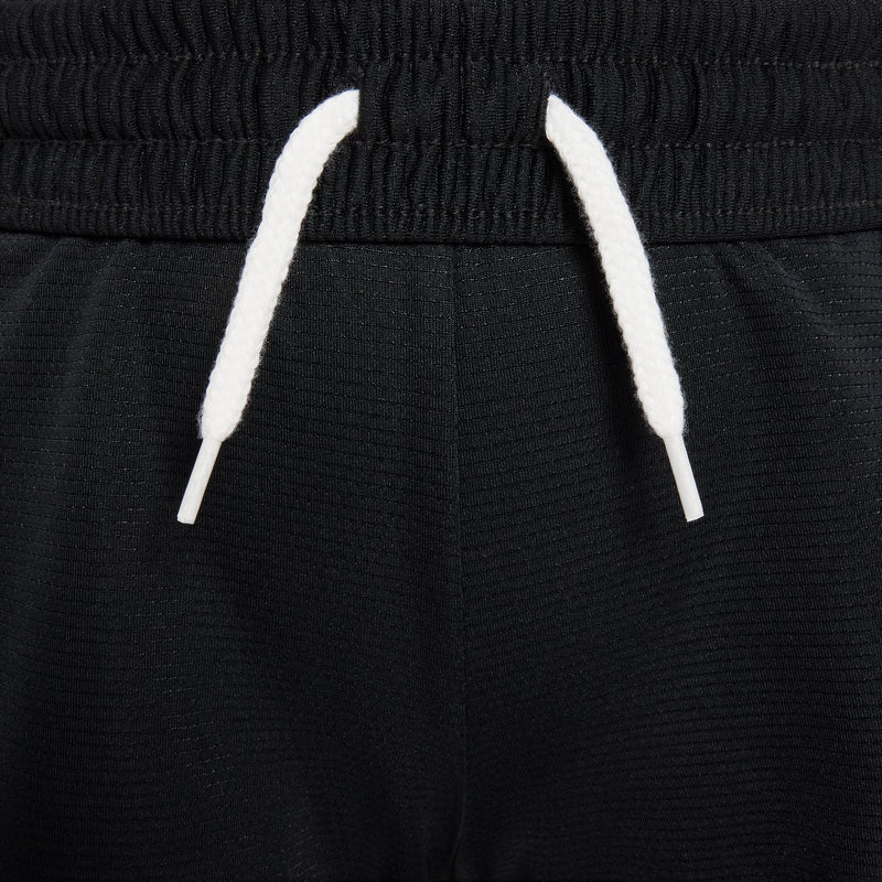 Black youth shorts with elastic waistband and white drawstring tips.