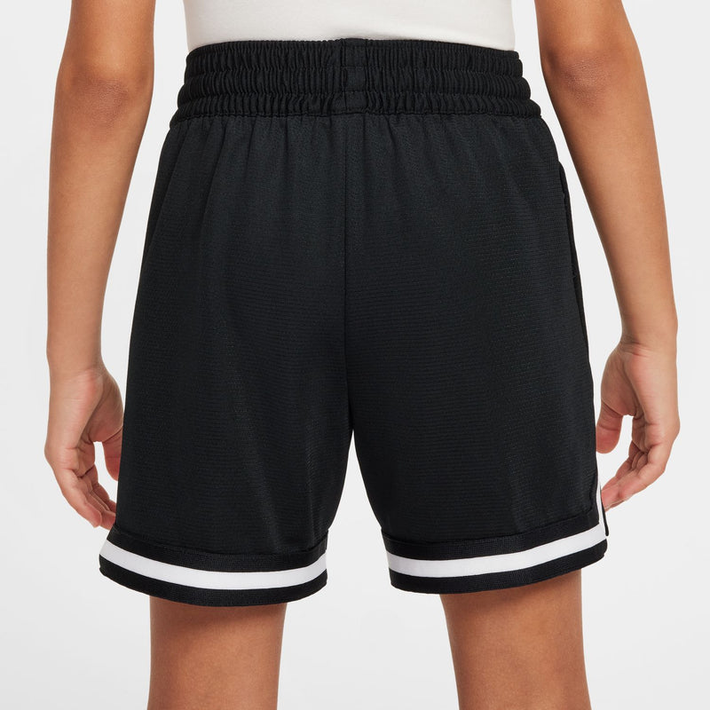 Black youth shorts with elastic waistband and double-layer white hem stripe.