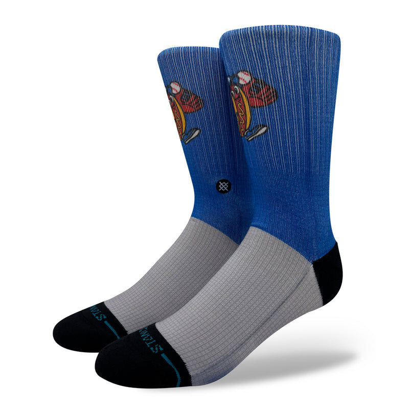 Crew socks, royal blue leg with hot dog graphic, gray foot and black toe