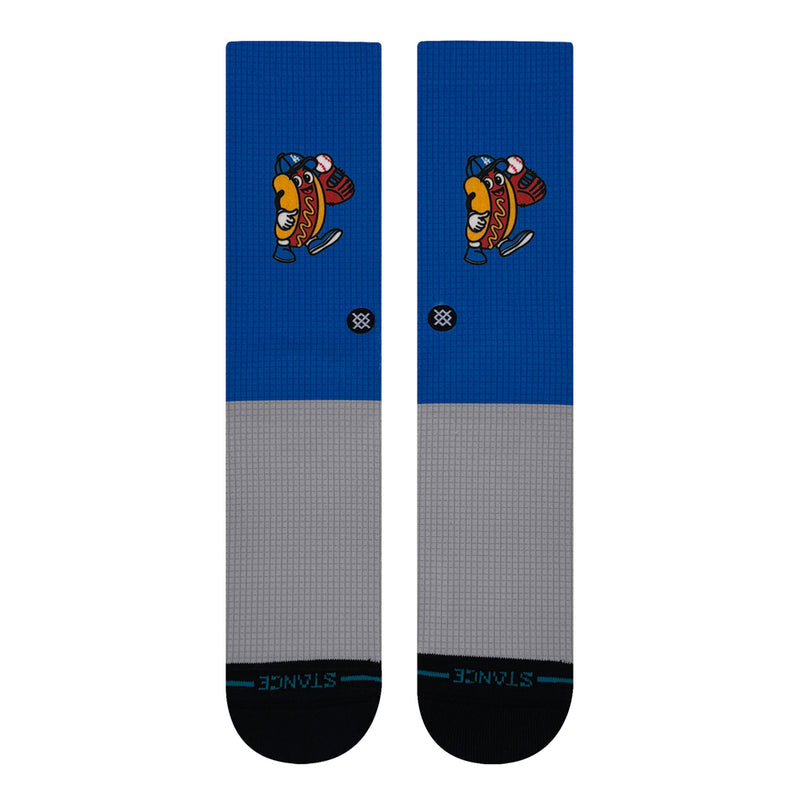 Crew socks in royal blue with hot dog character and gray cuff, black toe and heel