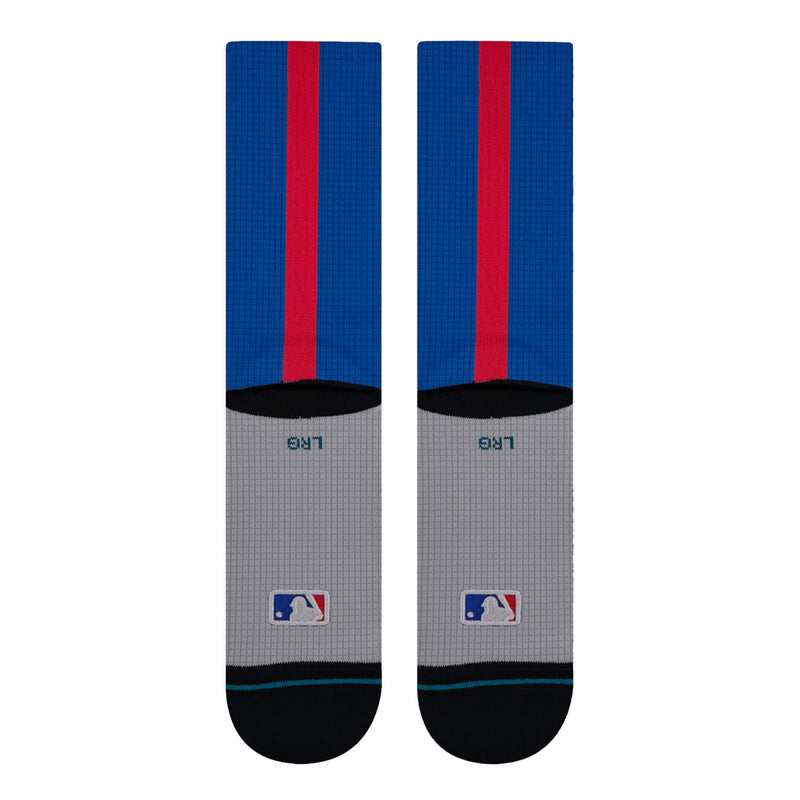 Crew socks with royal blue leg, red vertical stripe, gray heel and black toe
