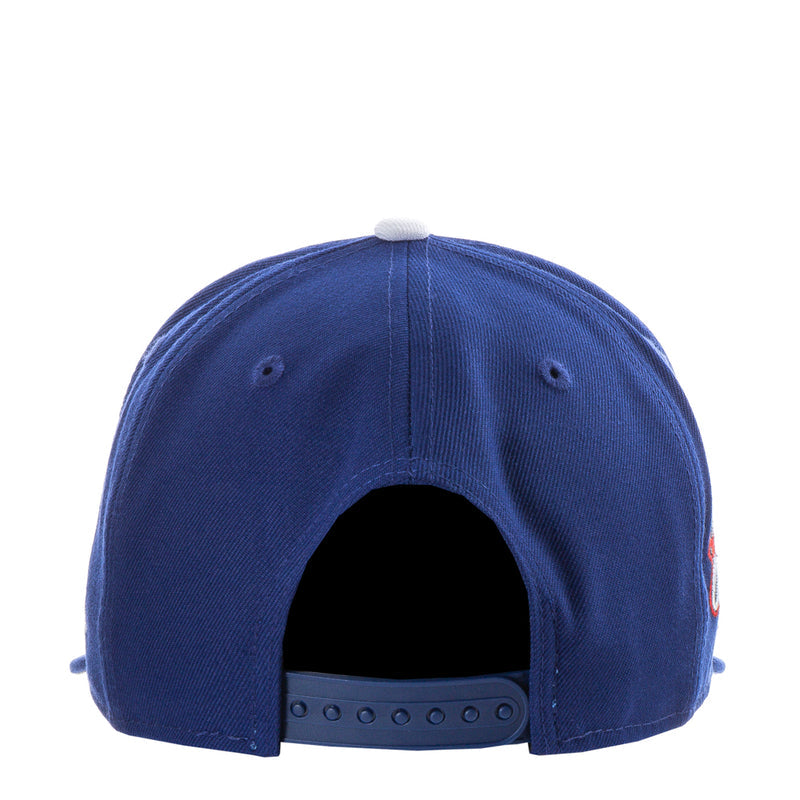 Royal blue baseball cap back view with stitched panels and rear opening