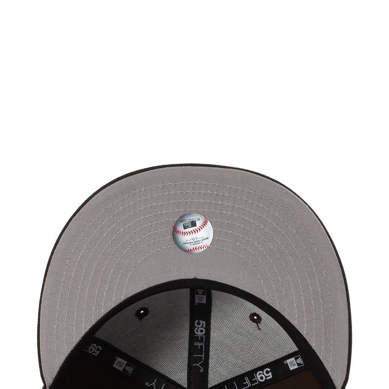 Gray underbrim with baseball graphic and vertical printed text