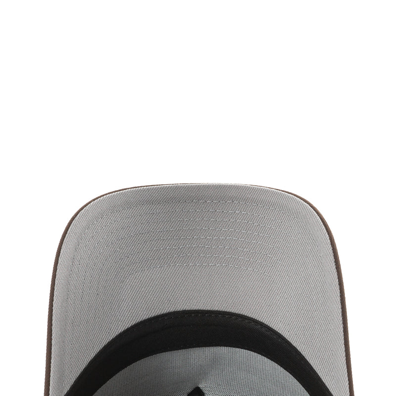 A-frame baseball cap close-up of gray underside and black brim band