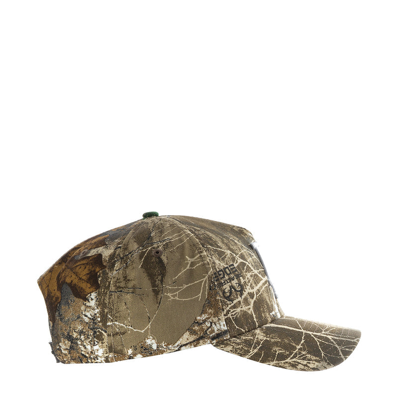 Real tree camo A-frame baseball cap with curved brim and green top button