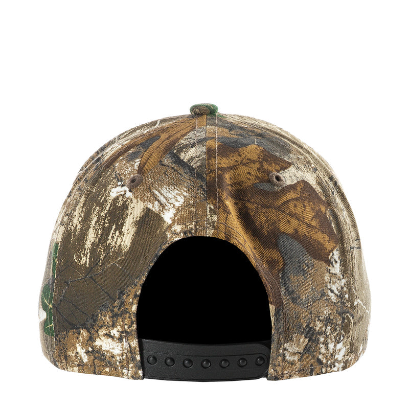 Real tree camo A-frame baseball cap with adjustable back strap and green top button
