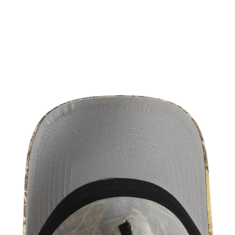 A-frame baseball cap with gray mesh back panel and black interior trim