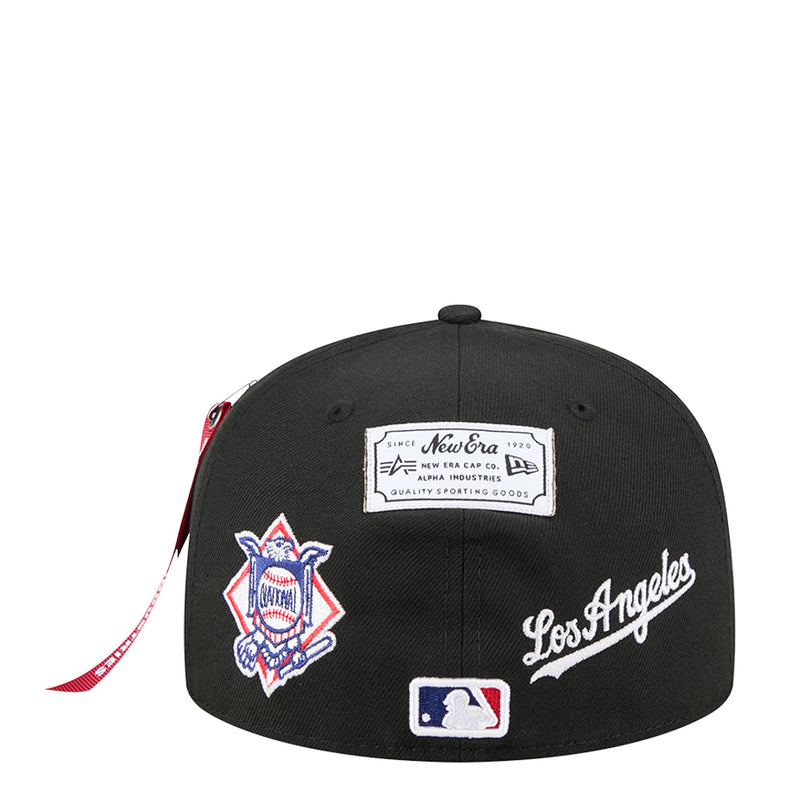 Black baseball cap with New Era label, Dodgers mascot patch and 'Los Angeles' script