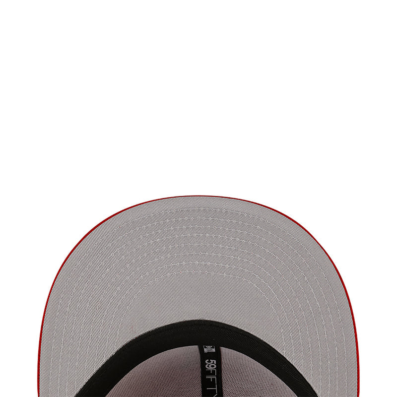 Gray cap underside with black sweatband and red outer trim