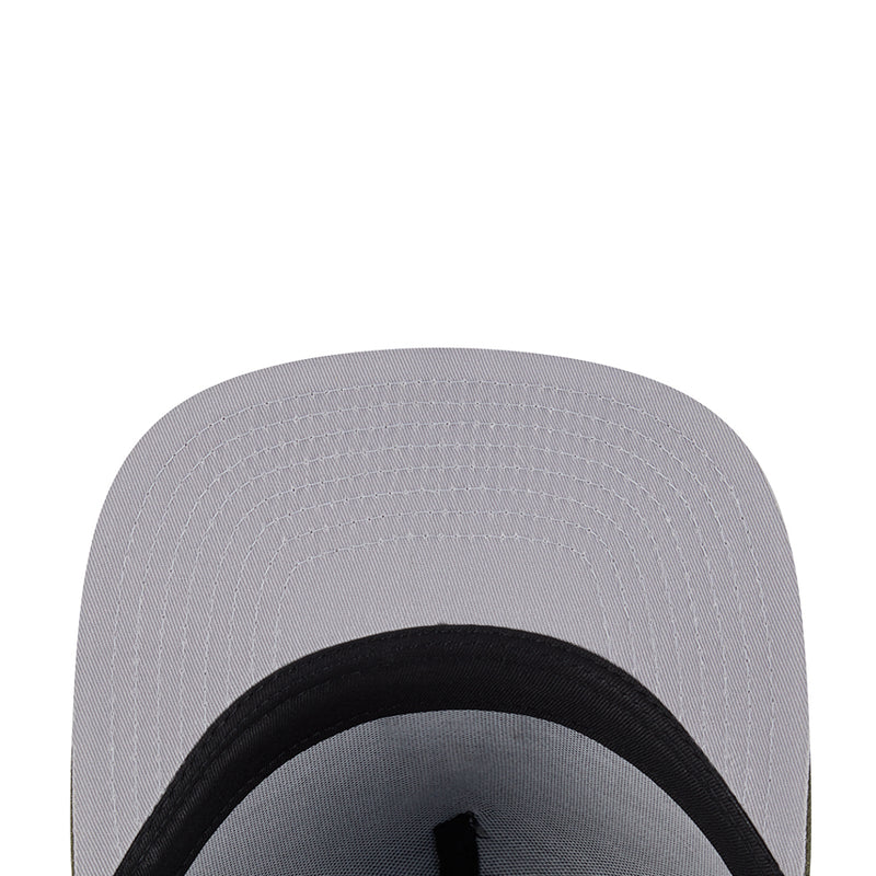 Light gray A-Frame baseball cap top view with black underbrim