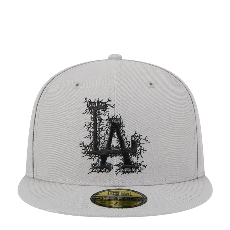Grey baseball cap with cracked black graphic on front and flat brim