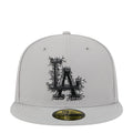 Grey baseball cap with cracked black graphic on front and flat brim