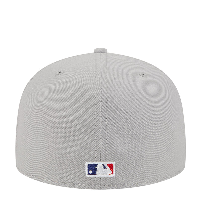 Grey baseball cap with MLB logo patch on back and flat brim