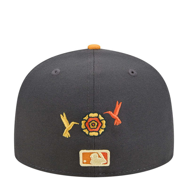 Dark grey snapback cap with orange-yellow flower embroidery and small orange logo patch at front