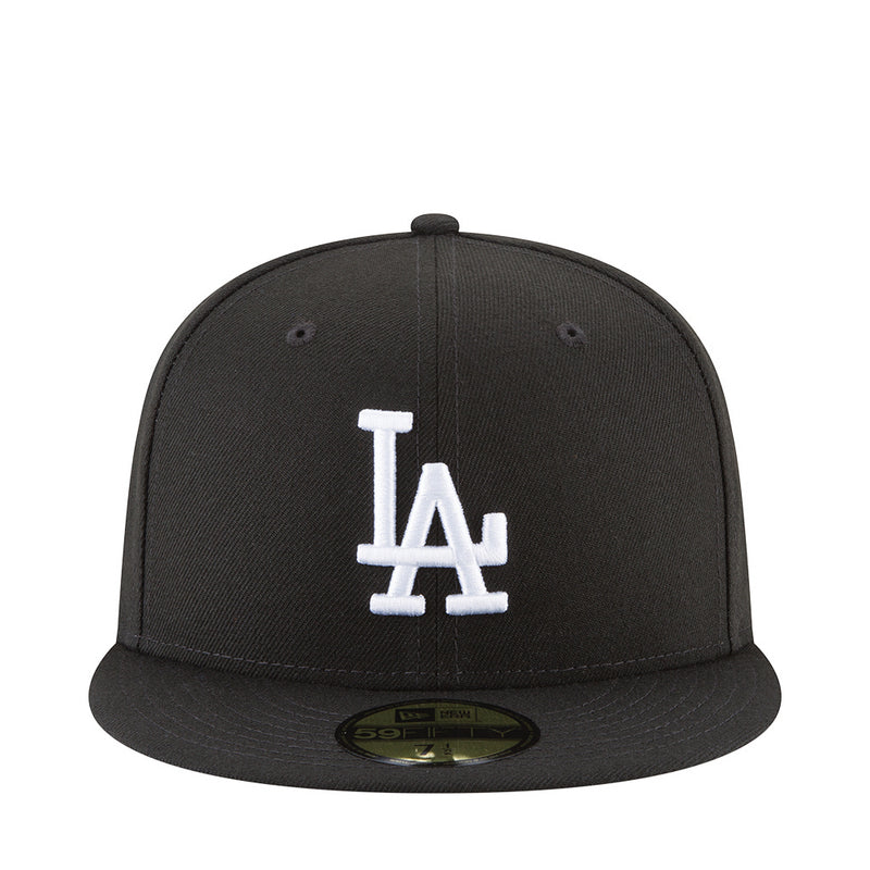 Black baseball cap with large white LA logo on front panels