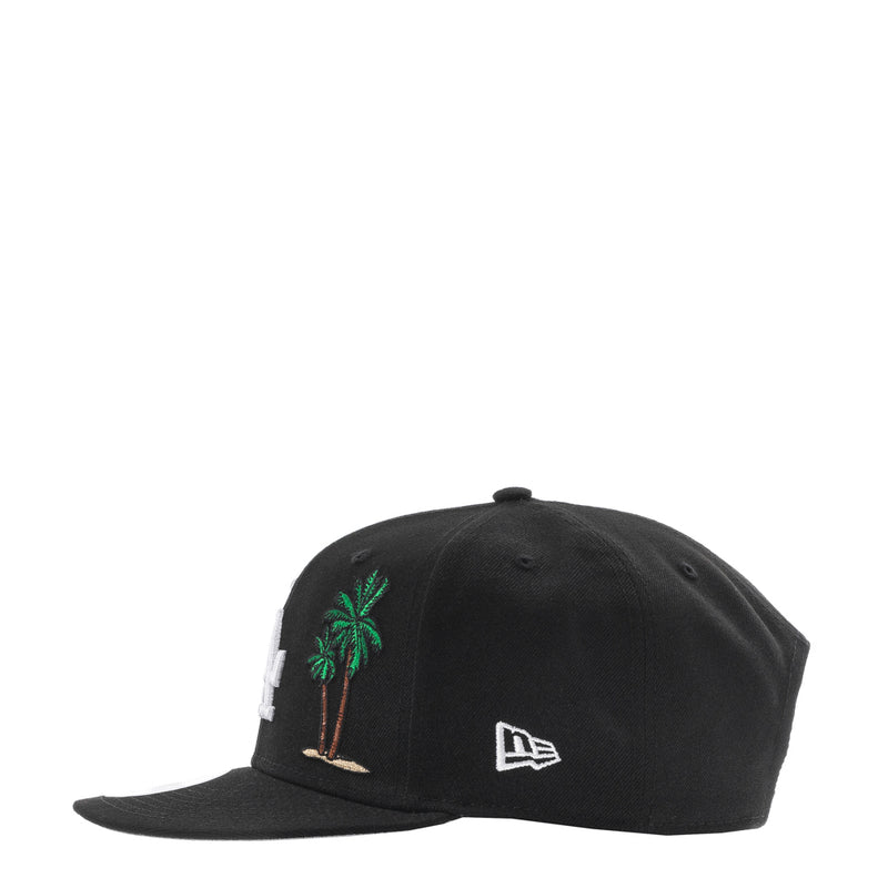 Black baseball cap with palm tree side embroidery and New Era logo patch