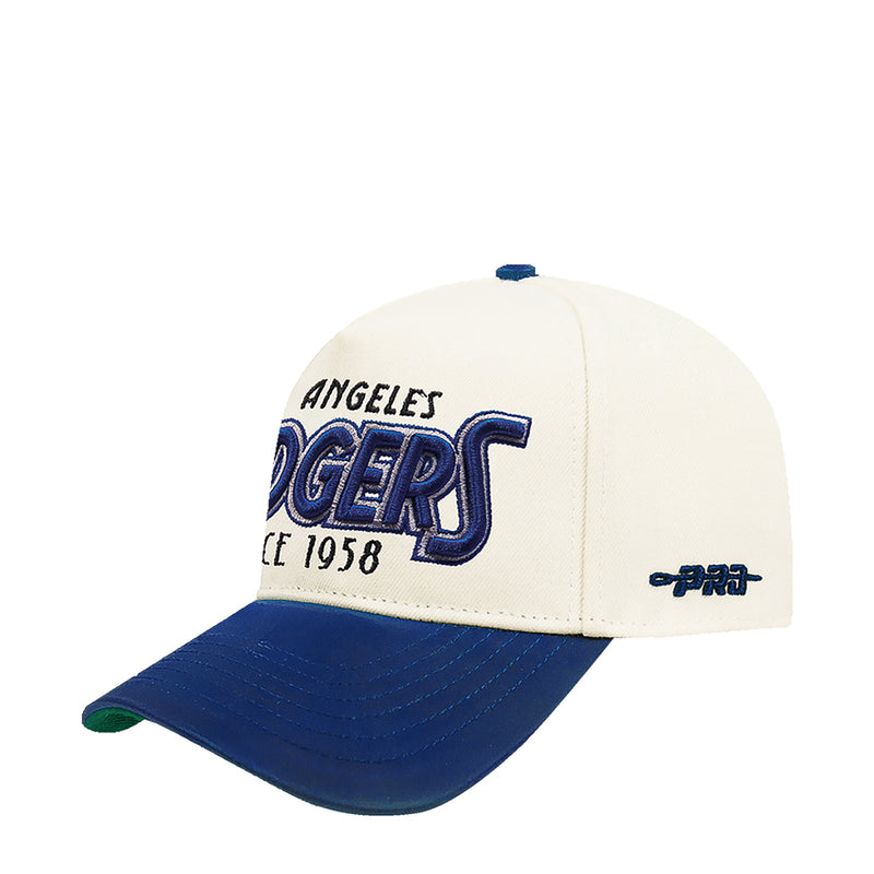 Cream Dodgers baseball cap with blue front logo and blue brim