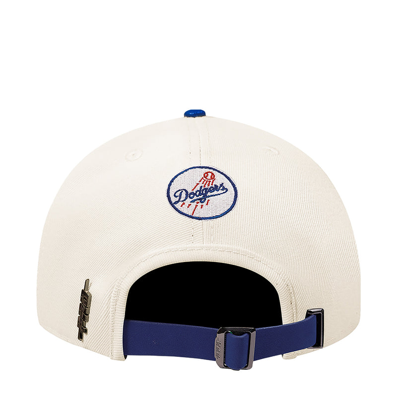 Cream Dodgers baseball cap with embroidered oval back logo and adjustable strap