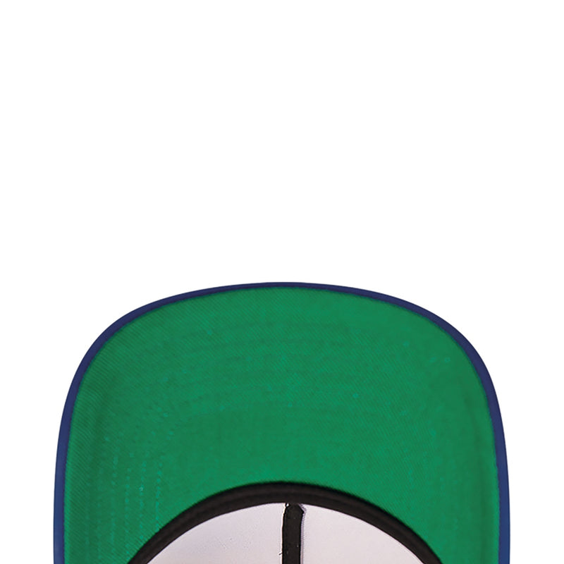 Green baseball cap crown with dark purple border and black edge