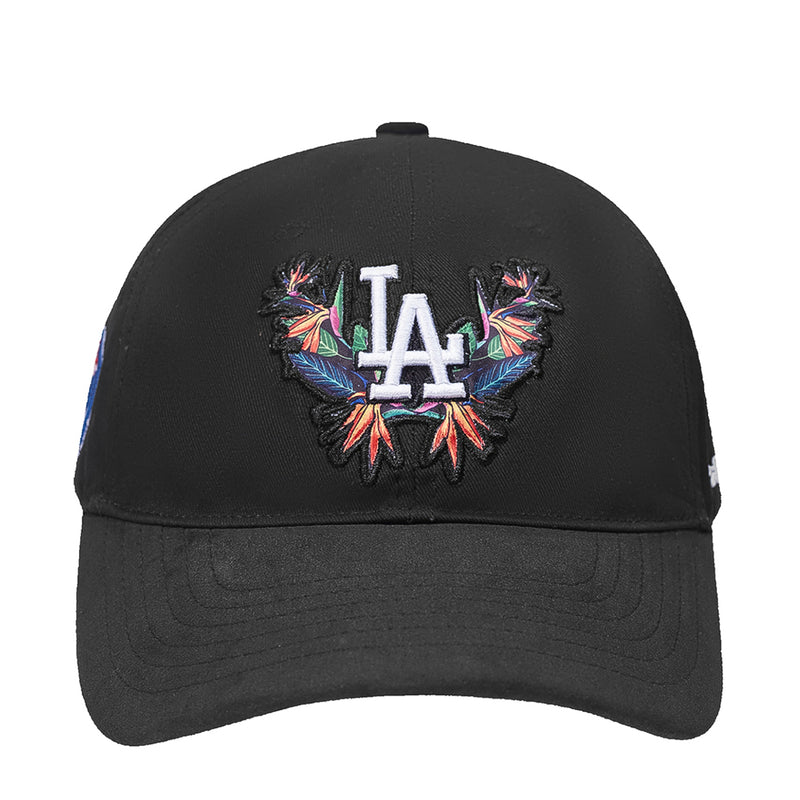 Black strapback baseball cap with LA logo and colorful birds-of-paradise embroidery