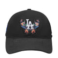 Black strapback baseball cap with LA logo and colorful birds-of-paradise embroidery