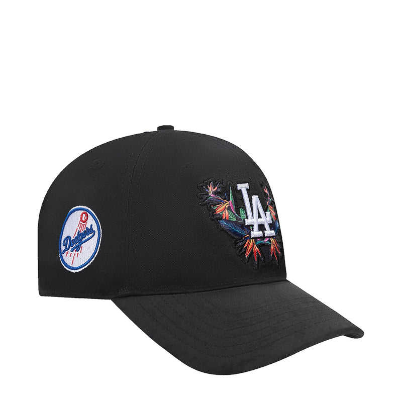 Black baseball cap with Dodgers logo patch and colorful birds-of-paradise LA embroidery