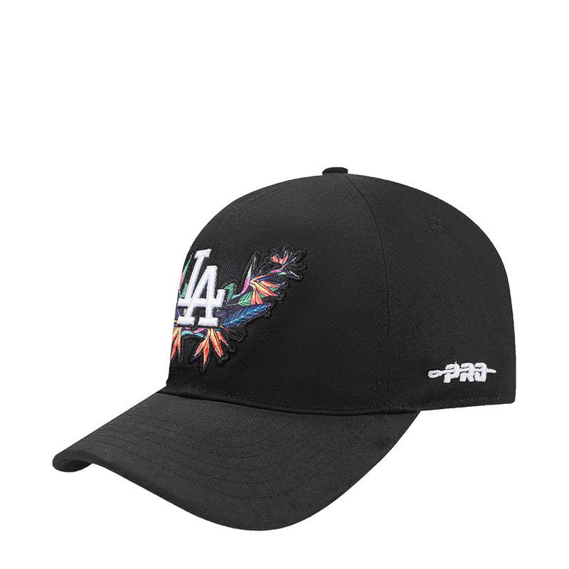 Black baseball cap with side LA logo and colorful birds-of-paradise detail