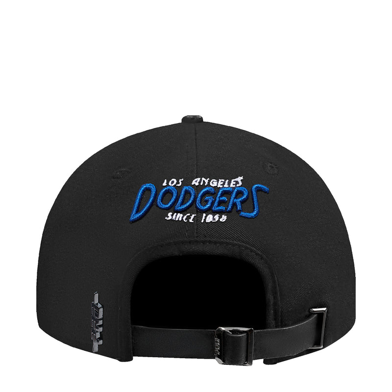 Black strapback cap with Dodgers 'since 1883' text and adjustable buckle strap