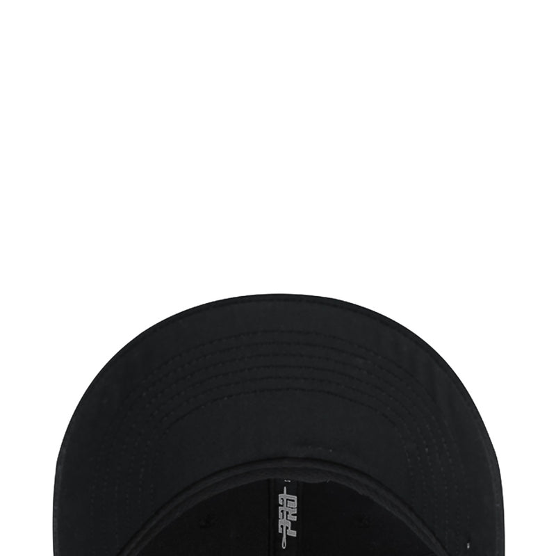 Black baseball cap interior close-up with stitched crown and small brand patch