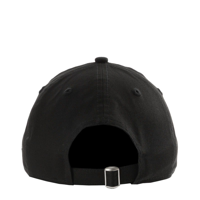 Black baseball cap back view with adjustable strap and metal buckle