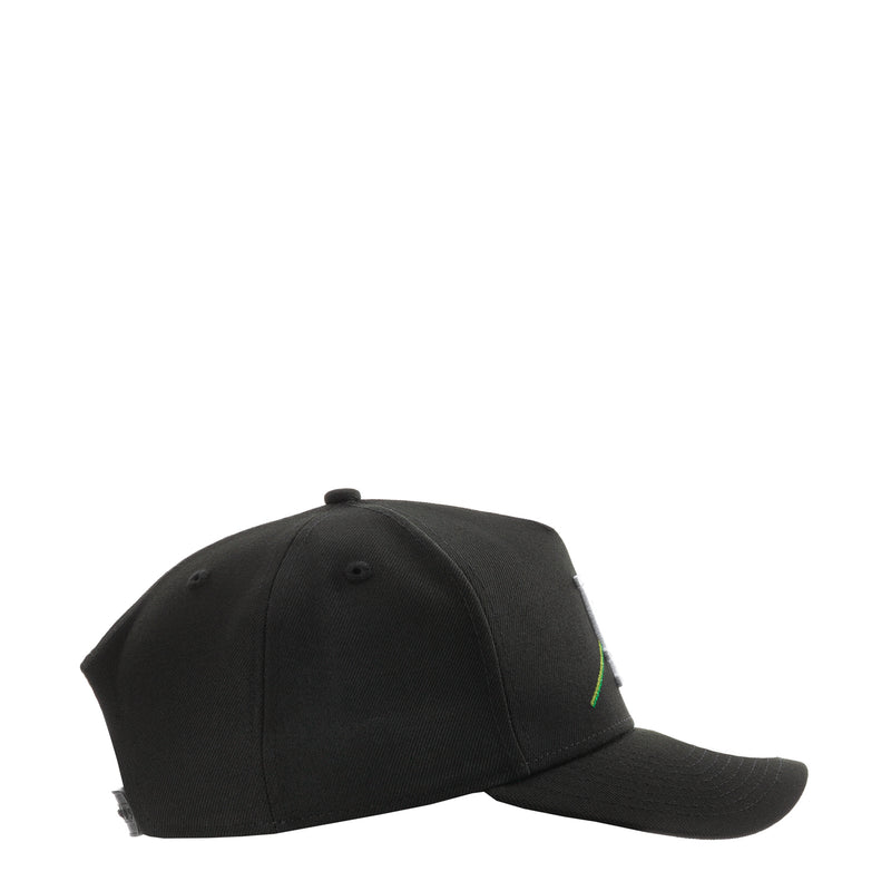 Black A-frame baseball cap with green side detailing and curved brim