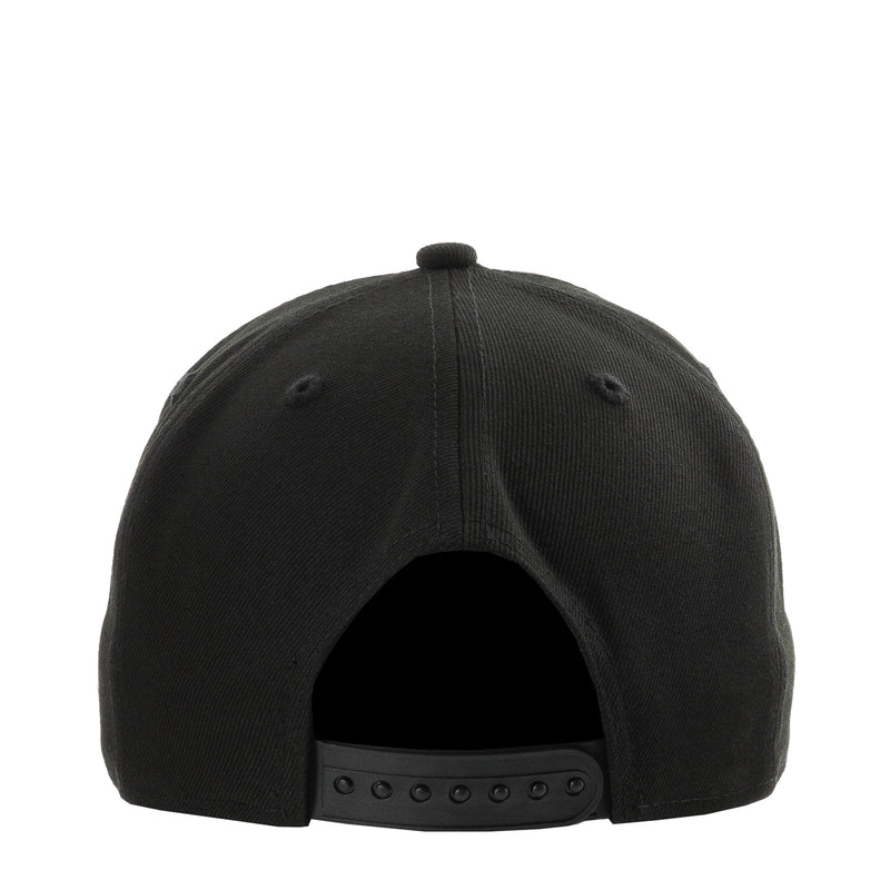 Black A-frame baseball cap with adjustable snapback strap and curved brim
