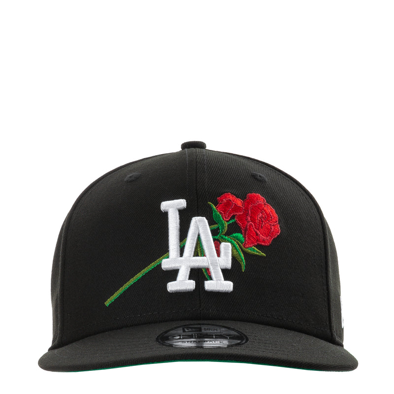 Black baseball cap with LA logo and red rose embroidery