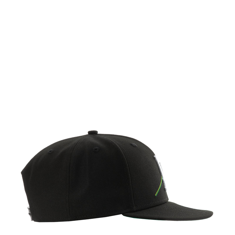 Black baseball cap, side profile with green accent line