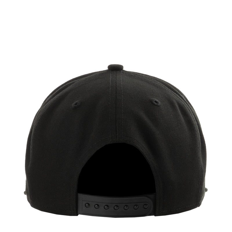 Black baseball cap back view with adjustable snap strap