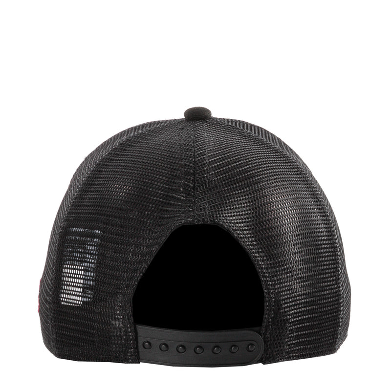 Black trucker cap back with mesh panels and adjustable snap strap