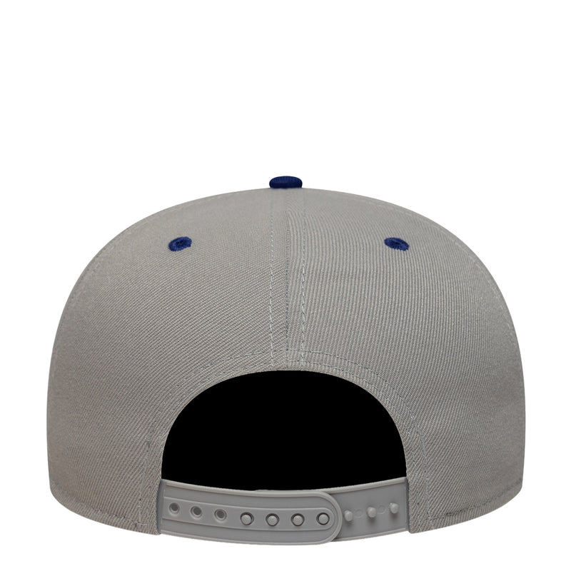 Two-tone grey baseball cap with snapback strap and eyelets