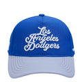 Two-tone strapback cap with blue crown, light gray brim, and Los Angeles Dodgers script