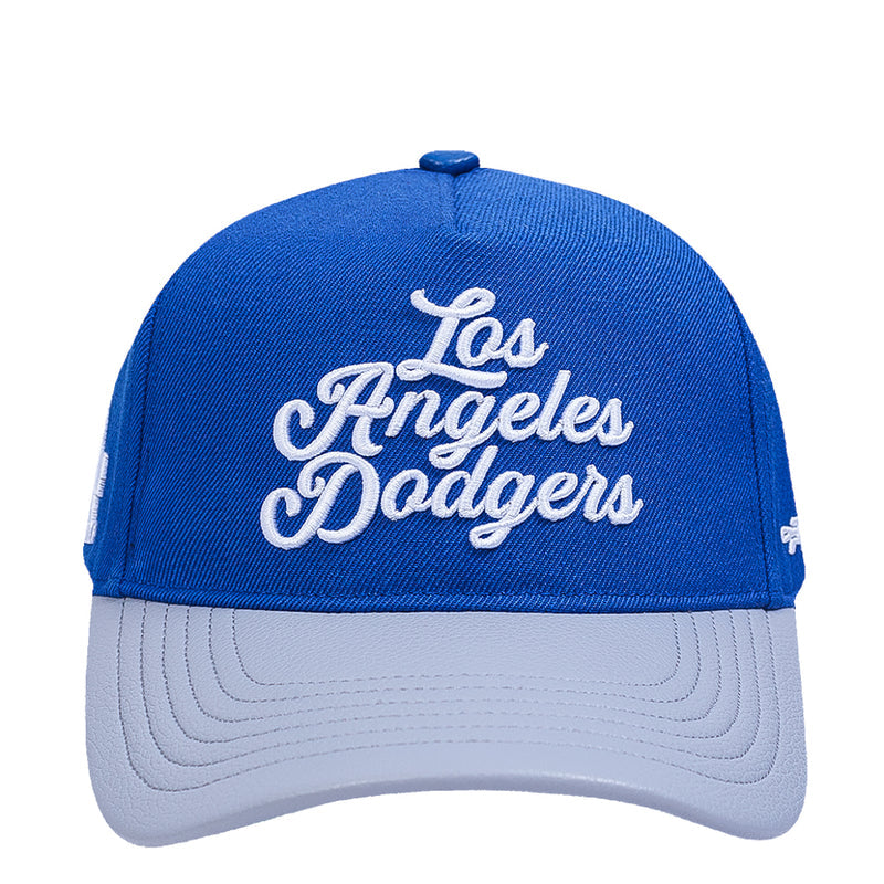 Two-tone strapback cap with blue crown, light gray brim, and Los Angeles Dodgers script