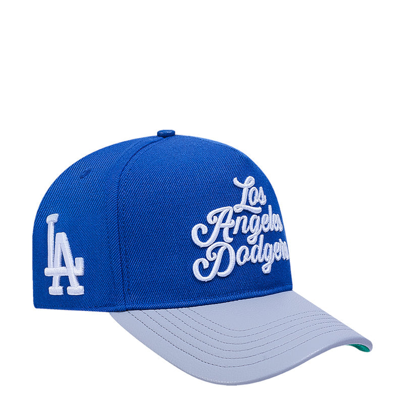 Two-tone strapback cap in royal blue with light gray brim and Dodgers logo embroidery