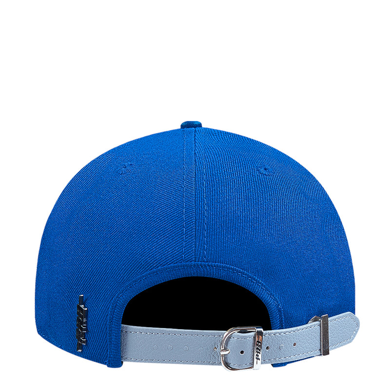 Two-tone strapback cap with blue crown and light gray adjustable strap with metal buckle