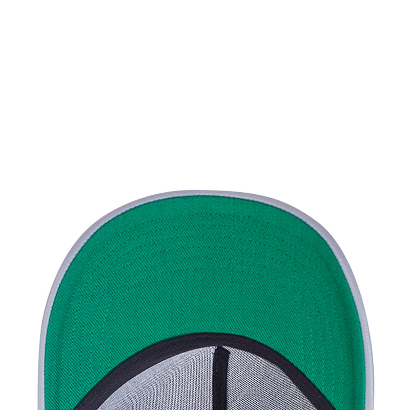 Two-tone strapback cap showing green inner panel and gray underside brim trim
