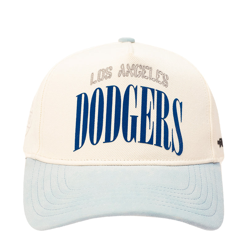 White and light blue baseball cap with Dodgers wordmark front embroidery
