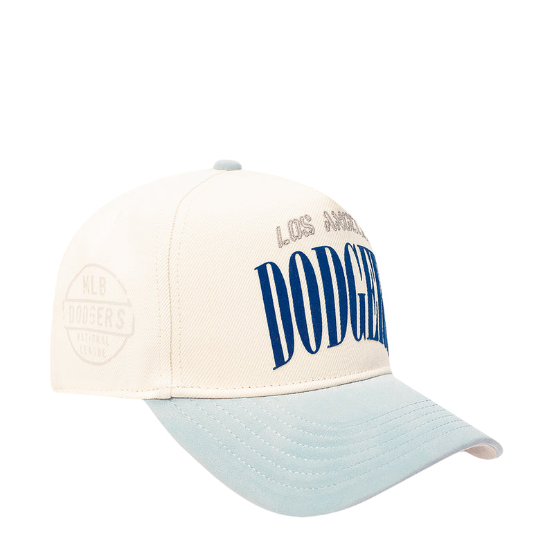 White baseball cap with blue Dodgers wordmark and light blue brim