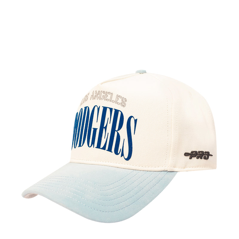 Cream baseball cap with blue Dodgers logo and light blue underbrim panel