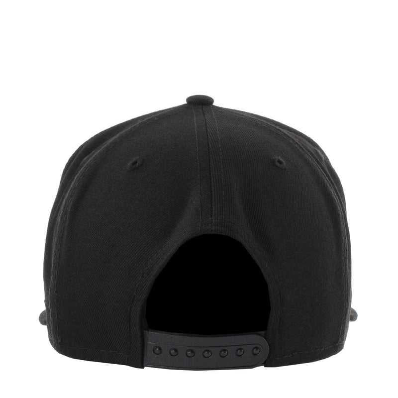 Black baseball cap back view with adjustable strap and ventilation eyelets