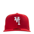 Red baseball cap with white upside-down logo embroidery