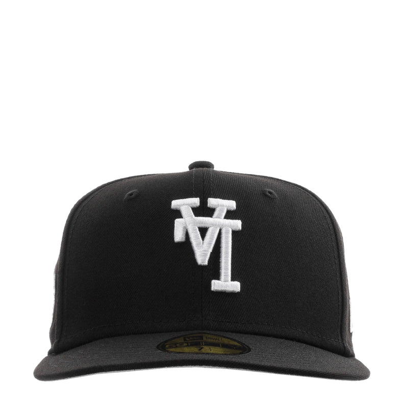 Black baseball cap with white upside-down monogram logo