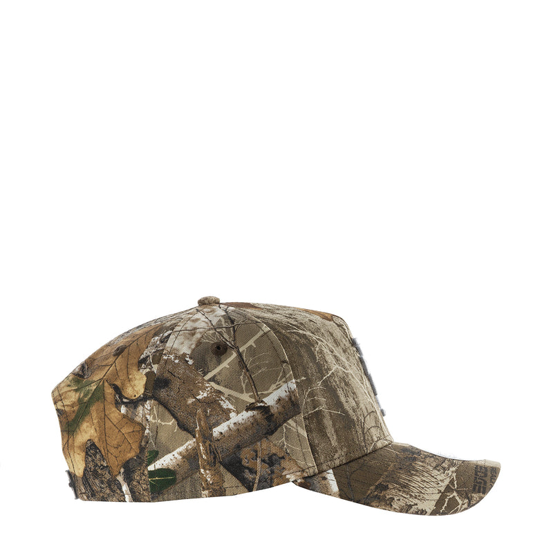 Real Tree camo A-frame baseball cap, side view with curved brim