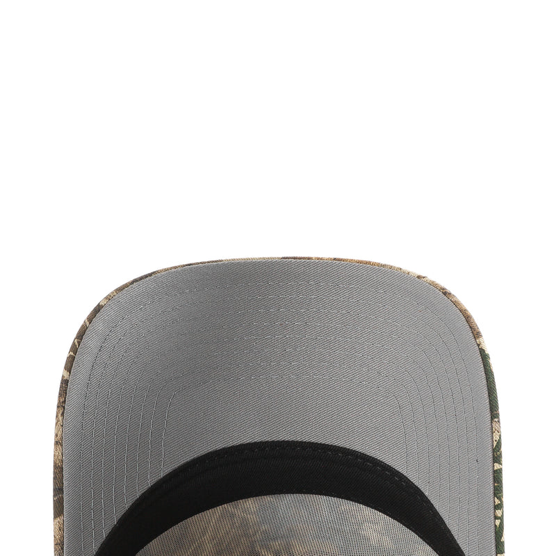 Real Tree camo baseball cap with gray inner brim and black underside